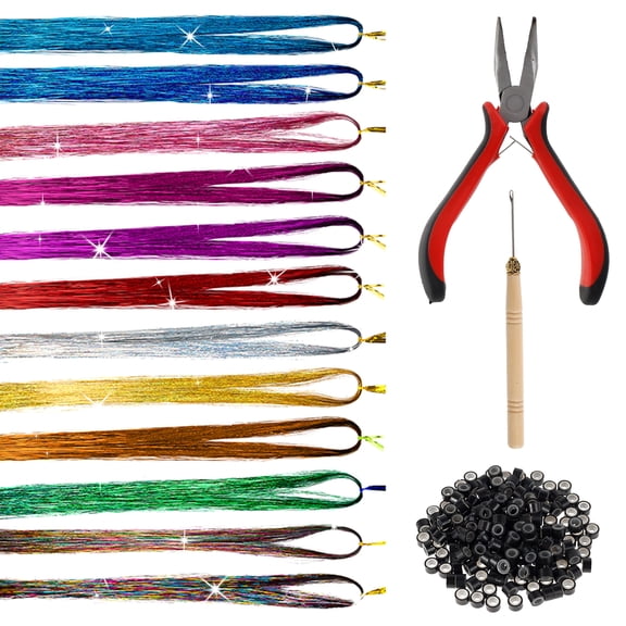 Hair Tinsel,37inch 12 Colors Tinsel Hair Extensions Shiny Hair Tinsel Kit with Plier Pulling Needle,Silicone Buckles Glitter Hair Extensions for Cosplay Party?200Pcs?