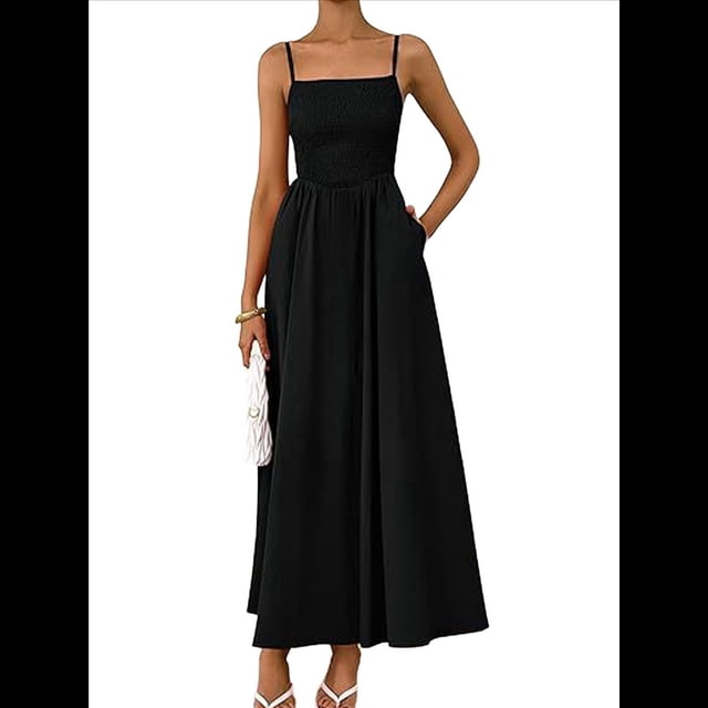 Vestidos Largos de Verano para Mujer, Vestido Informal con Tirantes Finos, Fruncido, Corte A, y Fluido. Negro S