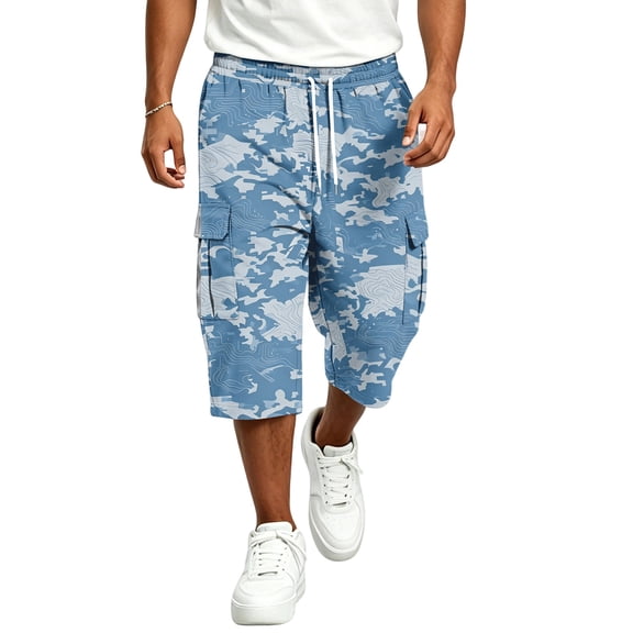 LTTVQM Camouflage 3/4 Length Cargo Pants for Men 2026 Mixed Tone Camo Multi Pocket Relaxed Fit Casual Walking Capri Trousers Blue L