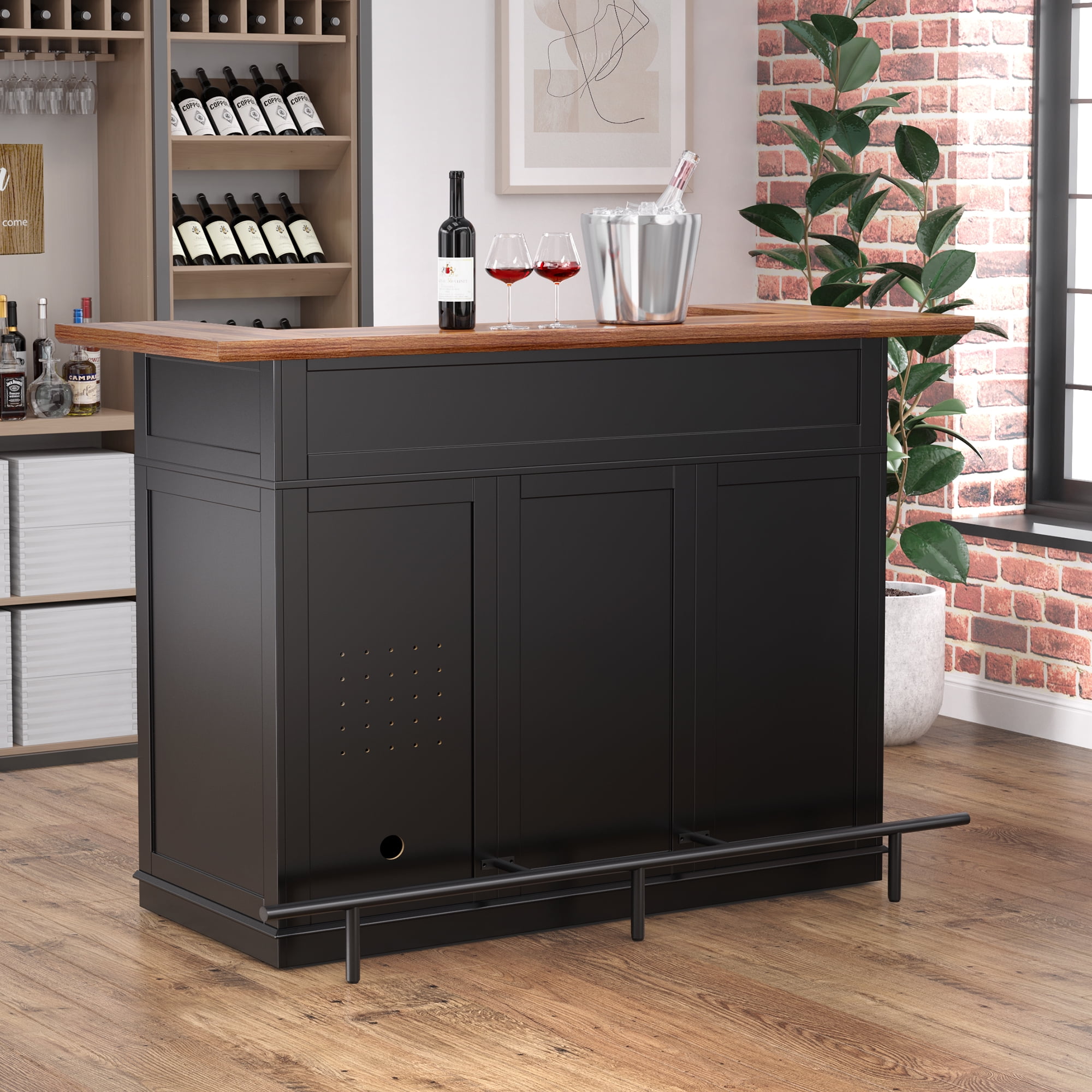 Home Bar Unit with Fridge Space, U-Shape Liquor Wine Cabinet, 63" Mini Bar Table