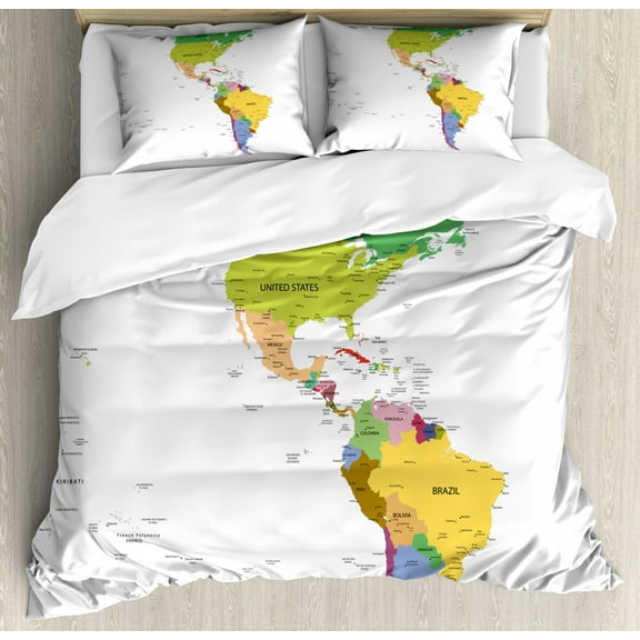 Map Duvet Cover Set King Size, Map of South and North America with Countries Capitals and Major Cities Colorful Design, Decorative 3 Piece Bedding Set with 2 Pillow Shams, Multicolor, by Ambesonne