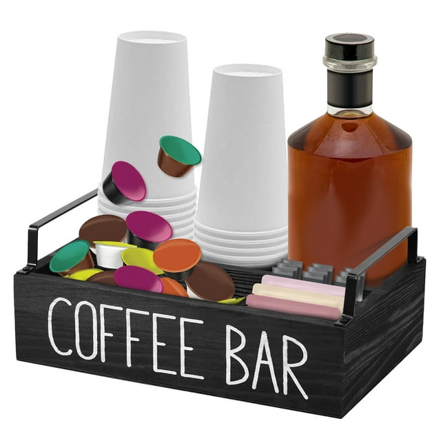 FUYGRCJ Coffee Station Organizer 4 Compartments Coffee Bar Accessories Organizer with 2 Handles Wood Coffee Pods Holder Storage Basket Versatile Coffee Organizer Station