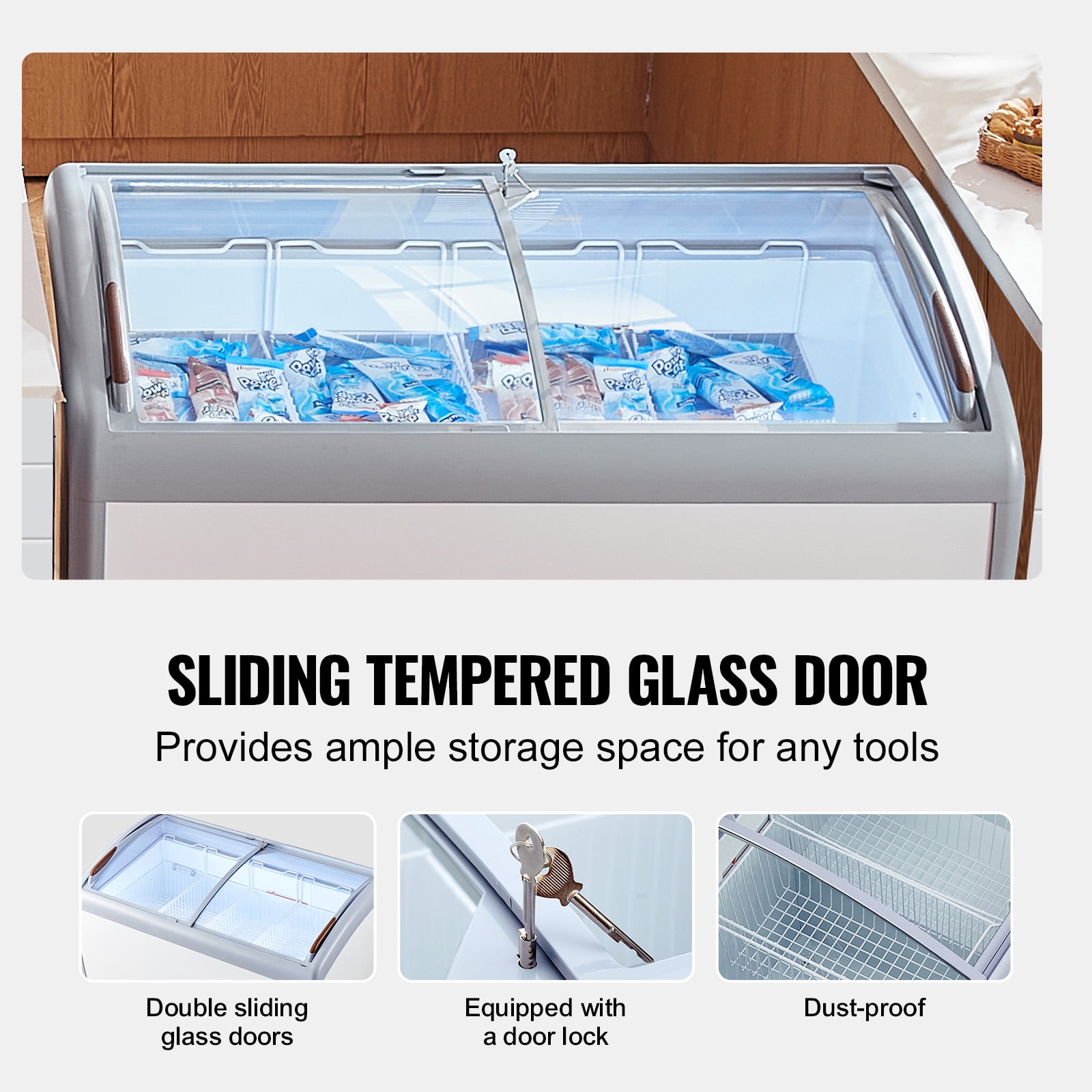 KFFKFF Professional Ice Cream Showcase, 12.8 Cubic Feet Storage Freezer, Portable Transparent Lid Deep Freezer, Dining Establishment Sorbet Serving Cabinet with 4 Metal Baskets