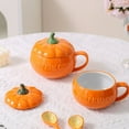 thumbnail image 4 of Halloween Pumpkin Mug with Lid and Spoon Ceramic Coffee Cup Cute Tea Cup with Handle Fall Autumn Decorations for Festival Gifts Candy Bowl Soup Bowl Orange Halloween Party Supplies, 4 of 8