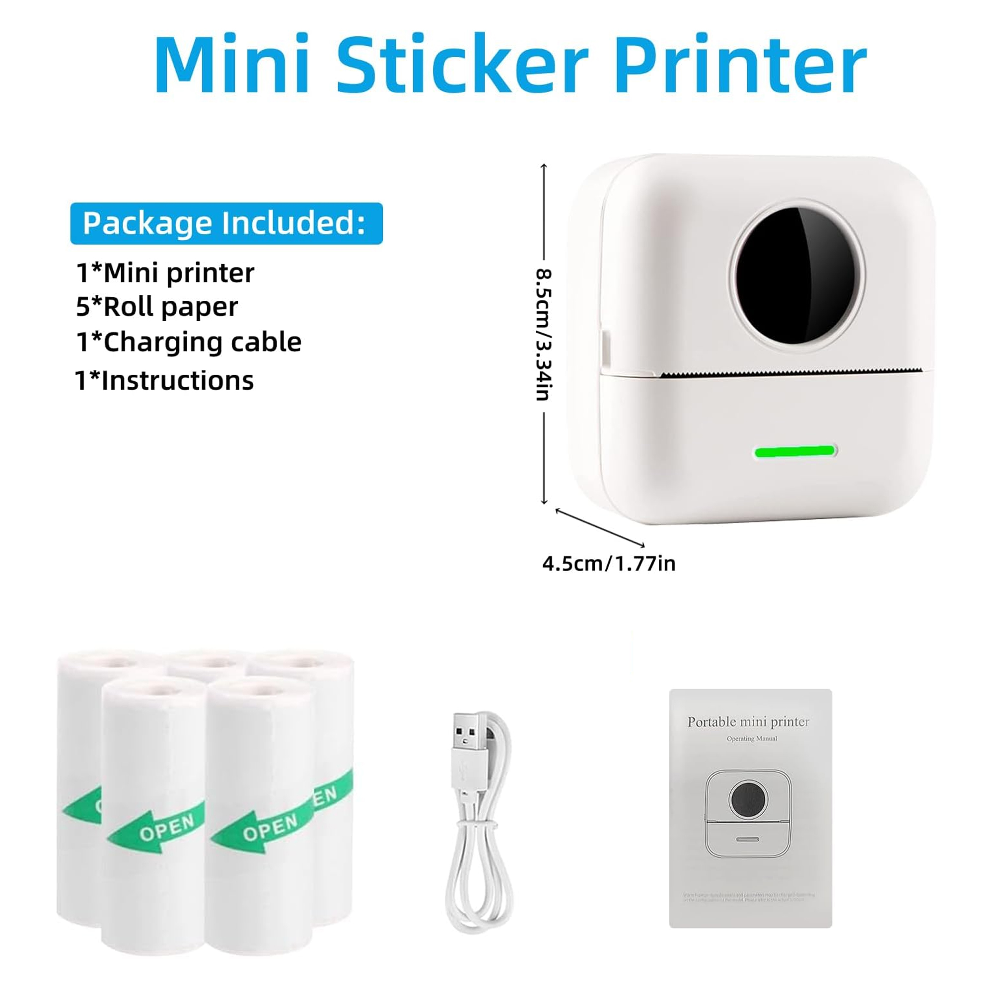 Mini Sticker Printer, Bluetooth Inkless Thermal Printer with 5 Rolls Thermal Paper, Thermal Image Photo Printers for Photo Journal Notes, Compatible with iOS and Android, Printer for Pictures, DIY, L