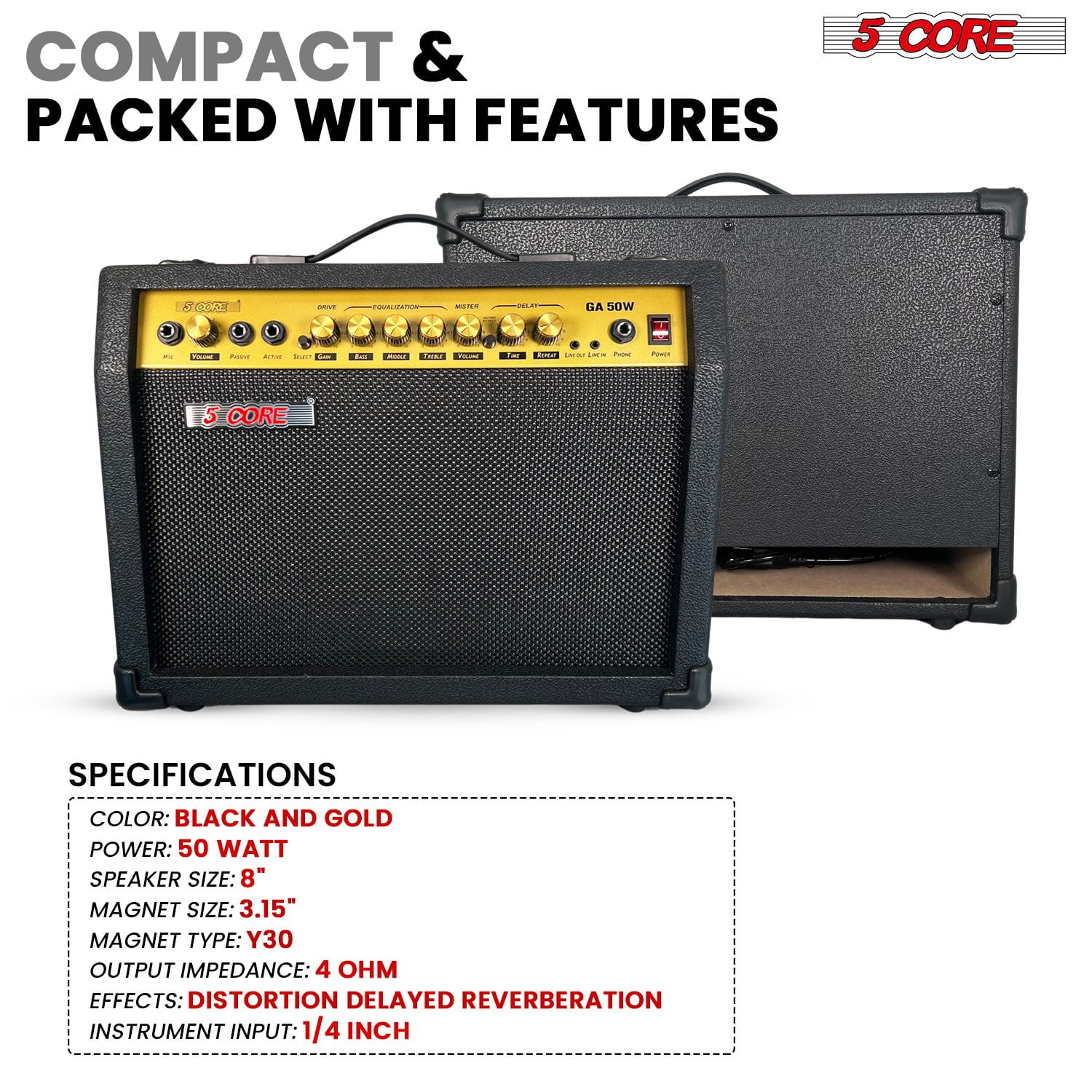 50W Portable Guitar Amplifier with 8" Speaker - Built-in Effects, AUX/Headphone Jacks, Compact Design for Practice & Gigs