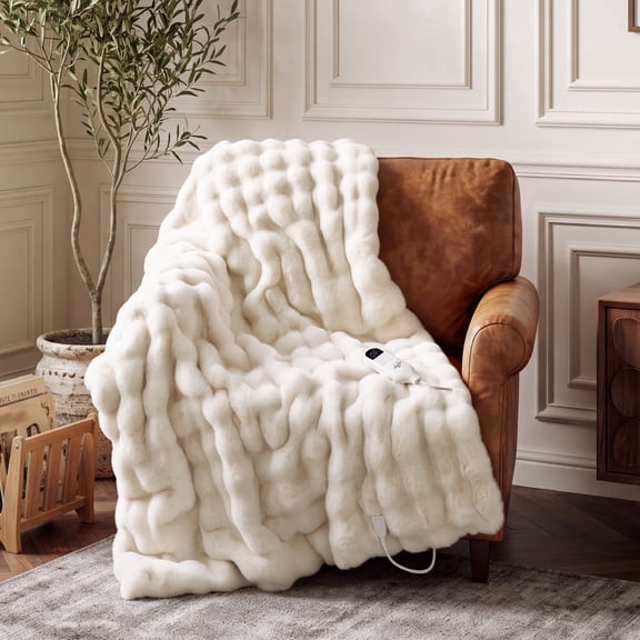 U by Bedsure Heated Electric Blanket Throw 50" x 60", Faux Rabbit Fur Bubble Fleece Soft Heated Blanket with Preheat, 6 Heat Settings & 10Hs Auto off, Machine Washable, White