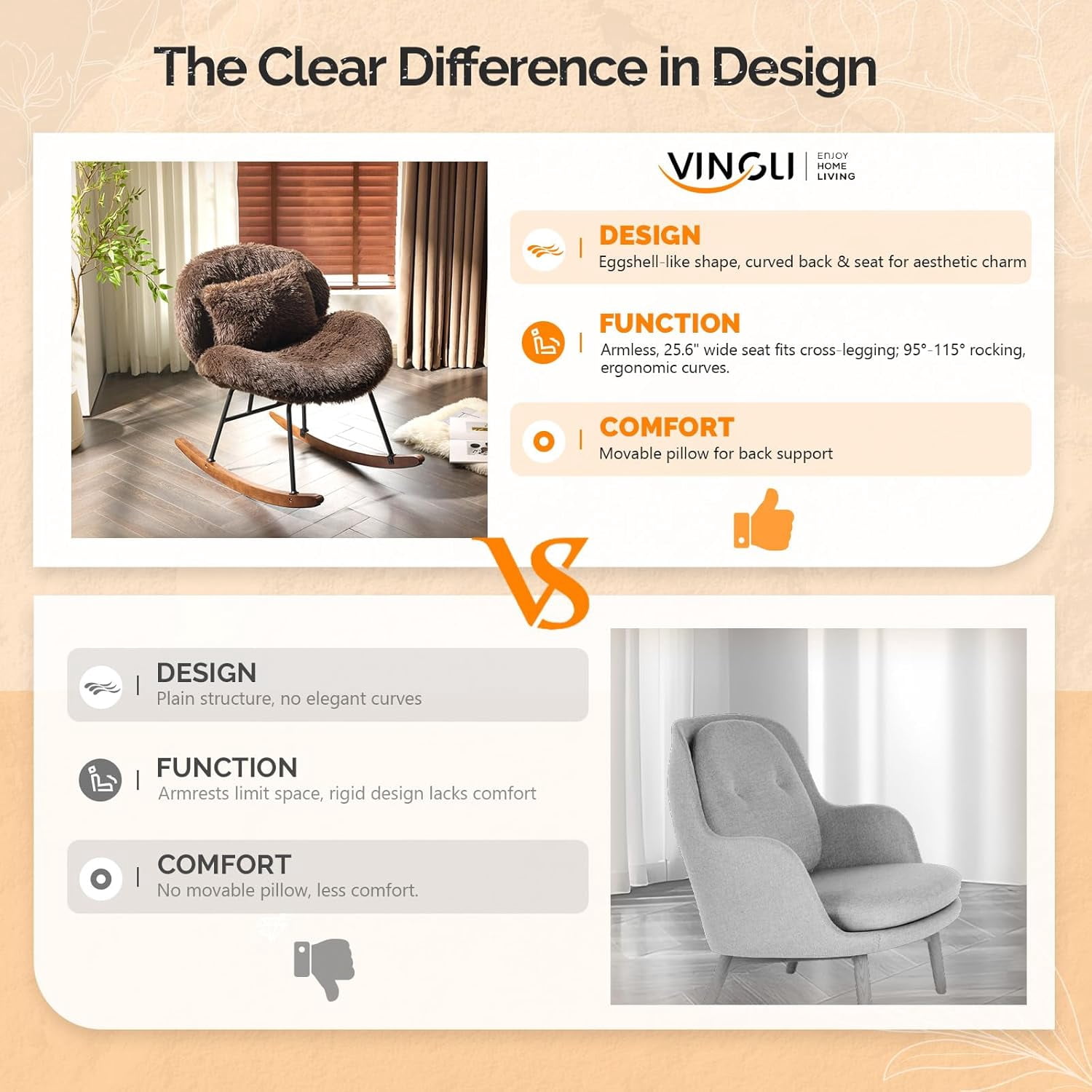 WBTER 25.6" Extra Wide Criss Cross Nursery Rocking Chair,Cute Curved 115° Reclining Armless Glider,Plush Small Rocker w/Pillow & Solid Wood for Indoor,Bedroom, Living Room,Fluffy Fleece,Cocoa