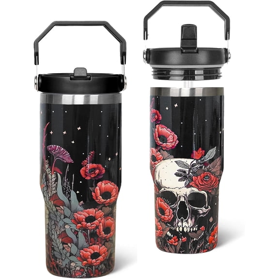 30oz Insulated Tumbler with Handle & Flip Straw - Goth Skull & Poppy Design Travel Mug, Gothic Halloween Gift for Women (1-Pack)