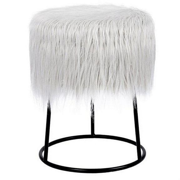BirdRock Home Round Grey Faux Fur Foot Stool Storage Ottoman with Black Legs - Vanity Chair - Soft Compact Padded Seat - Bedroom and Kids Room Chair - Metal - Fluffy Makeup Seat