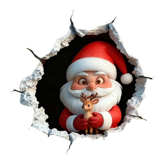 3D Christmas Wall Stickers, Snowman Penguin Santa Breaking Through Wall Design, Removable Peel and Stick Window Clings, Winter Holiday Party Decor -1Pcs