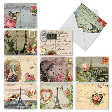 'M2355TYG PARISIAN POSTCARDS' 10 Assorted Thank You Notecards Featuring Vintage Collage Postcards with Images that Evoke Paris and the French Countryside with Envelopes by The Best Card