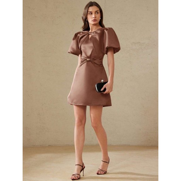 Coffee Satin Mini Dress With Puff Sleeves, Bow Neck, Cutout V-Neck And Ruched Waist