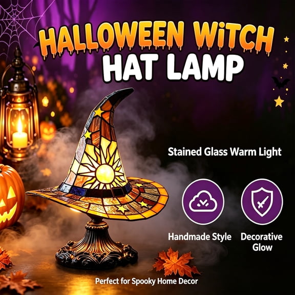 PoyoKee Halloween Decorations - Witch Hat Lamp, Gothic Stained Glass Night Light, Witch Resin Desk Lamp for Book Shelf Mantel Halloween Indoor Decor