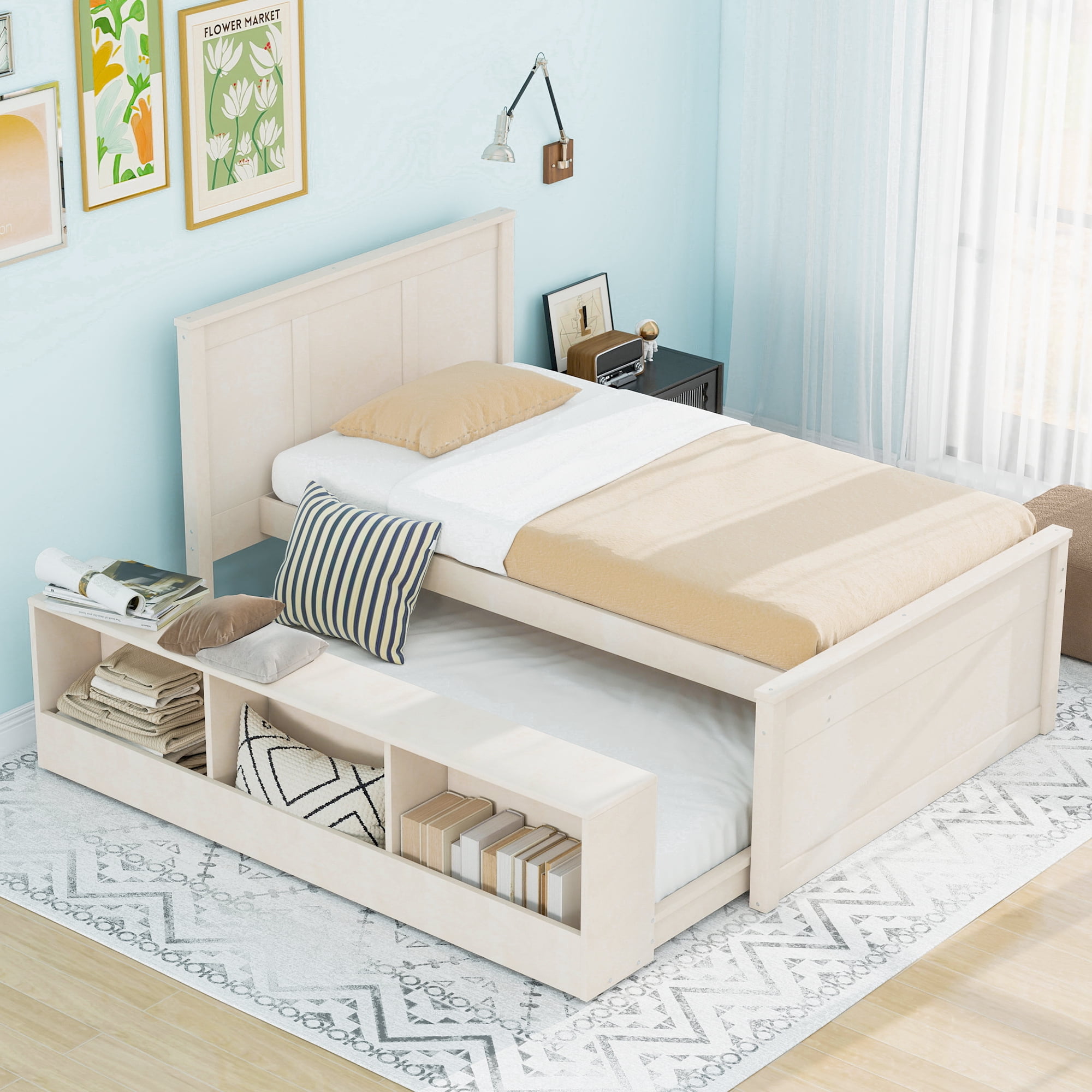 Euroco Wood Twin Size Platform Bed with Trundle and Storage Cabinets, Cream White