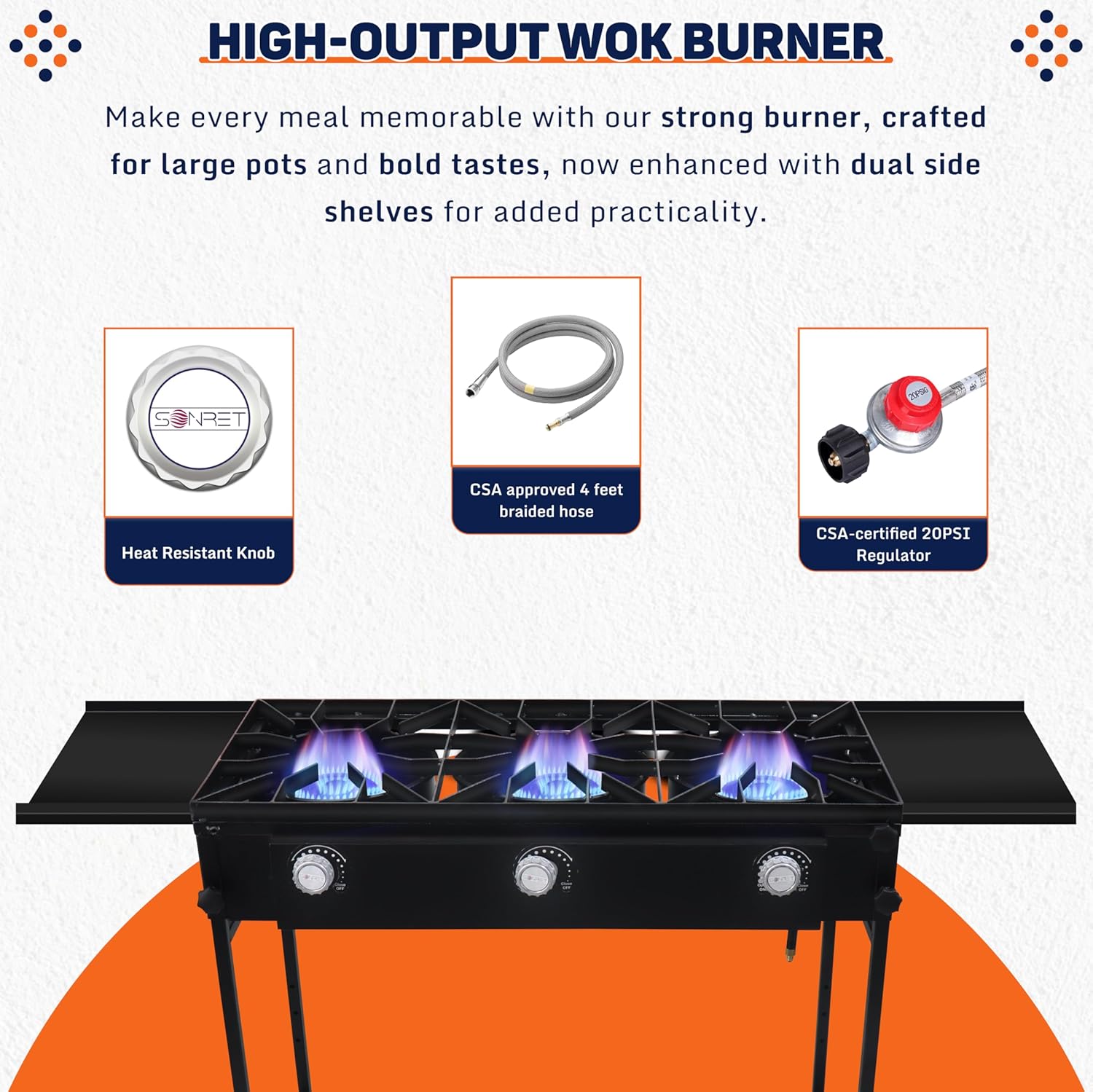 SONRET - Three Burner Propane Outdoor Camping Stove - 2,25,000 BTU - with Dual Side Shelf