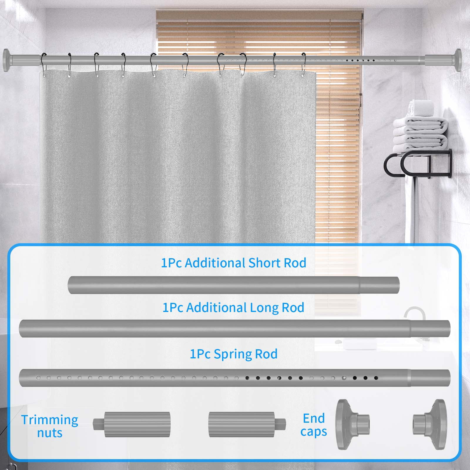 Ktinnead Tension Curtain Rod 129-148in,Extra Long Curtain Rods No Drilling for Window Bathroom Patio,Adjustable Spring Shower Curtain Rod,Easy to Install Never Rust,Rod Diameter 1.26in-Gray