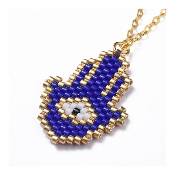 Stainless Steel Blue Seed Bead Hamsa Eye Pendant Necklace 18 Inch Lobster Clasp A279