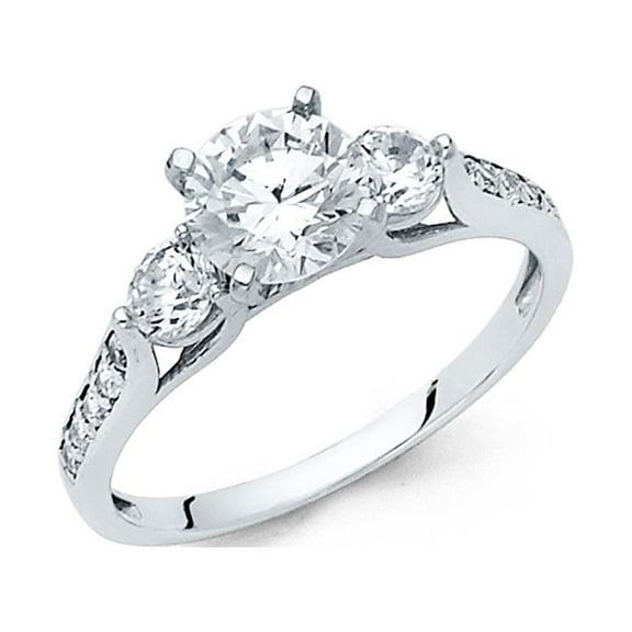 14k White Gold Round Three Stone CZ Engagement Ring Anniversary 3 Stone CZ Band Side Stones Size 7