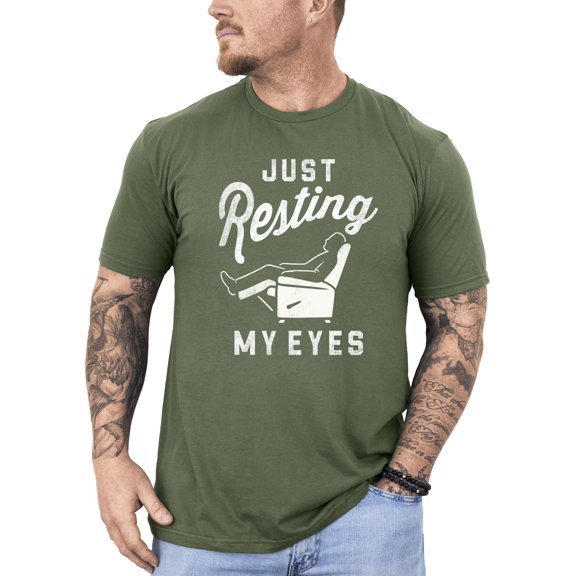 Funny Fathers Day Shirt Just Resting My Eyes Sleeping Dad Recliner Graphic Tee Military Green Shirt Adult Small