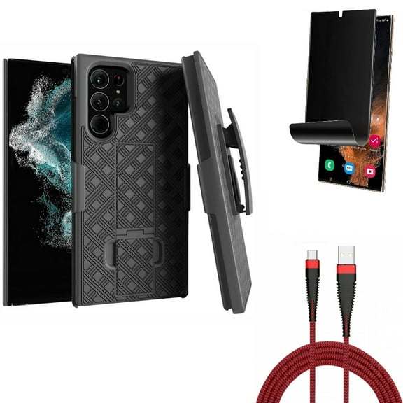 10ft USB Cable & Privacy Screen Protector & Case Belt Clip for Samsung Galaxy S22 Ultra (6.8") - Combo Type-C Charger Cord Power & TPU Film (Fingerprint) Anti-Peep & Holster Swivel Cover