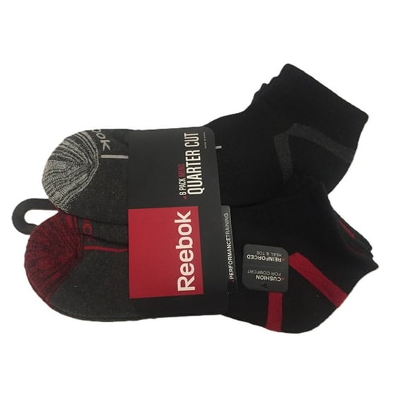 Reebok Mens Black/ Red 6 Pack Quarter Cut Socks