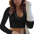 thumbnail image 2 of Women's Cropped Long - Sleeve V - Neck Knit Top for Casual Wear,Black,Z1 Black, 2 of 7