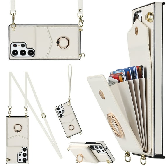 Jiahe Cover for Samsung Galaxy S23, Shockproof PU Leather Case with Rotation Ring Stand Adjustable Shoulder Strap,Card Slots Stand RFID Blocking Protective Case Cover, white