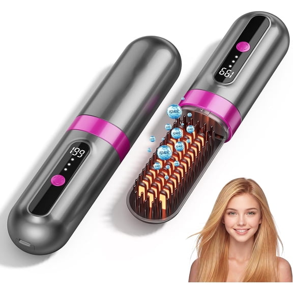 Cordless Hair Straightener Brush, 300M Negative Ionic Anti-Frizz,  Fast Heating, 3 Temp, 4000mAh Type-C, Portable Travel Styling Tool for Women