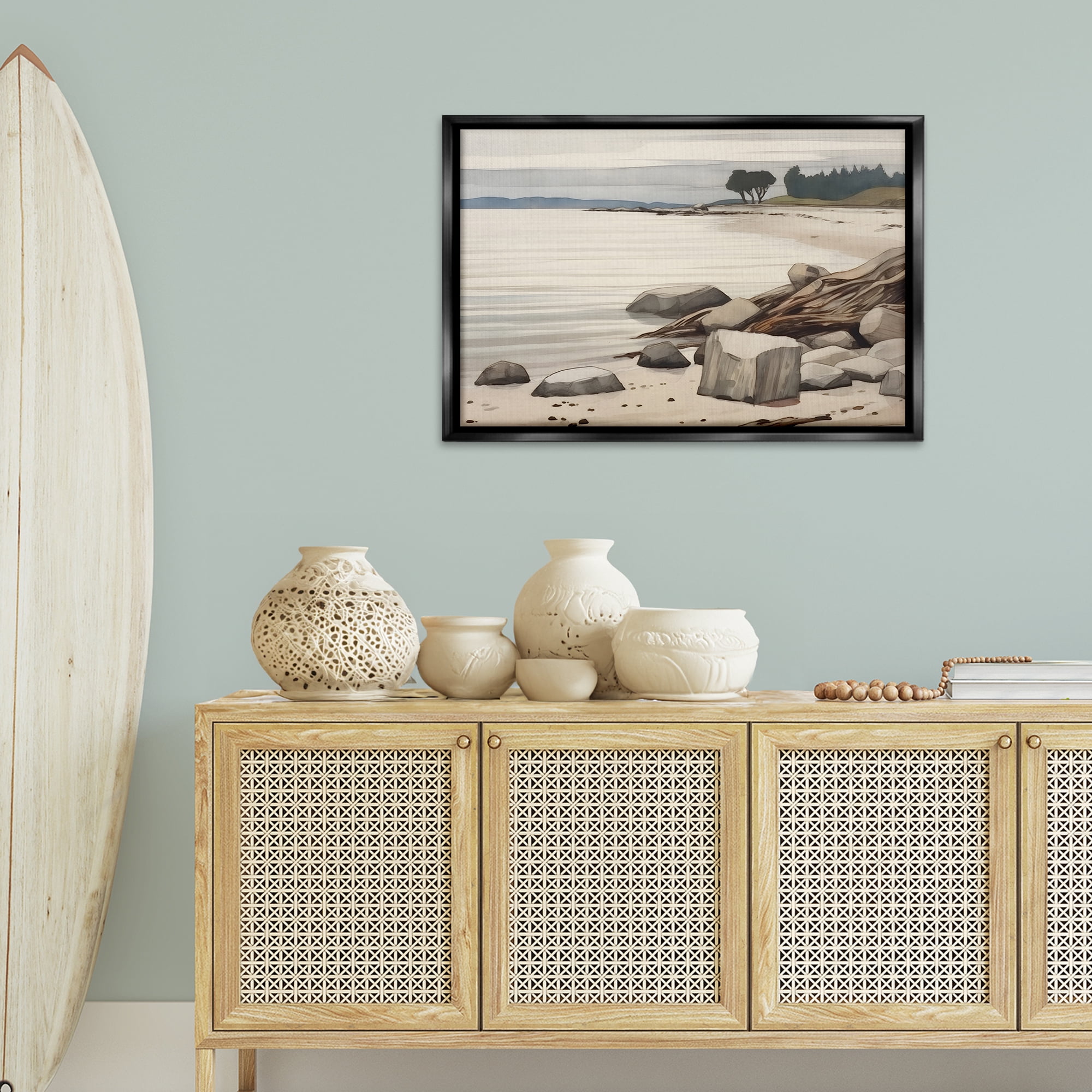 Stupell Industries Beach Rock View Landscape & Nature Painting Black Floater Framed Canvas Art Print Wall Art, 31 x 21