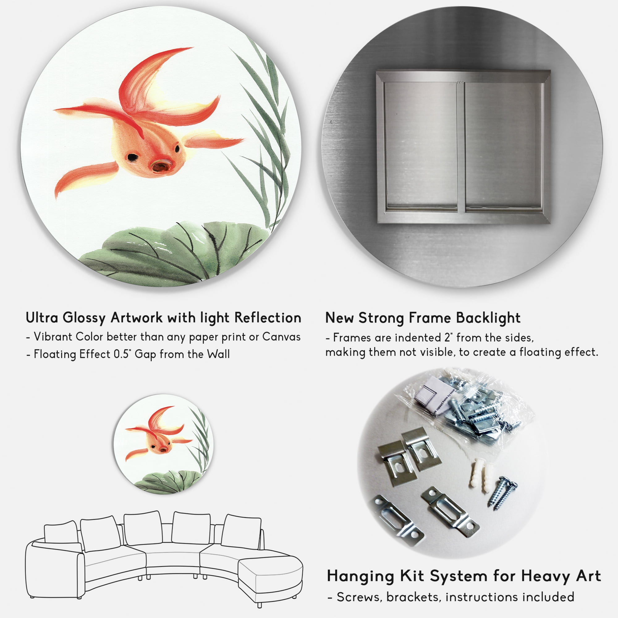 Designart 'Ancient Goldfish and The Lotus Leaf' Nautical & Coastal Circle Metal Wall Art 36x36 - Disc of 36