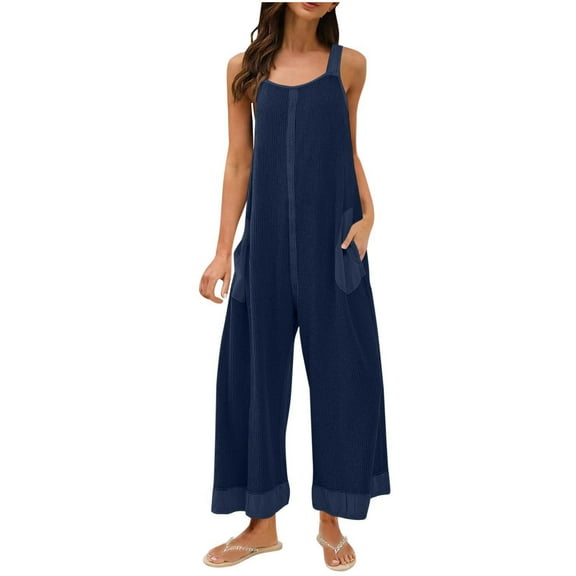Ecqkame Women Fashion Long Jumpsuits Casual Loose Adjustable Sleeveless Tank Pants Baggy Solid Color Jumpsuits with Pockets 01-Dark Blue L