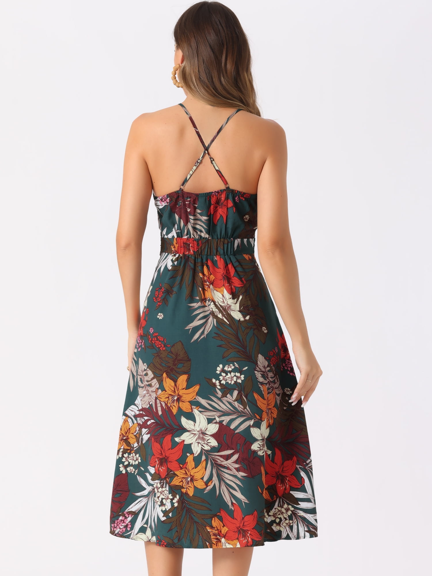 DARING DIVA Women's Boho Floral Split Sleeveless Halter Neck Dresses S Green