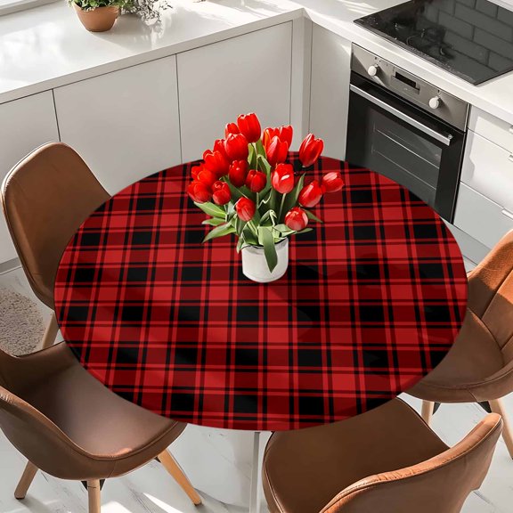 Red Black Buffalo Plaid Elastic Fitted Round Tablecloth Classic Checkered Waterproof Outdoor Table Cover for Holiday Party, Picnic, Patio & Dining Fits Tables Up to 36"-44"