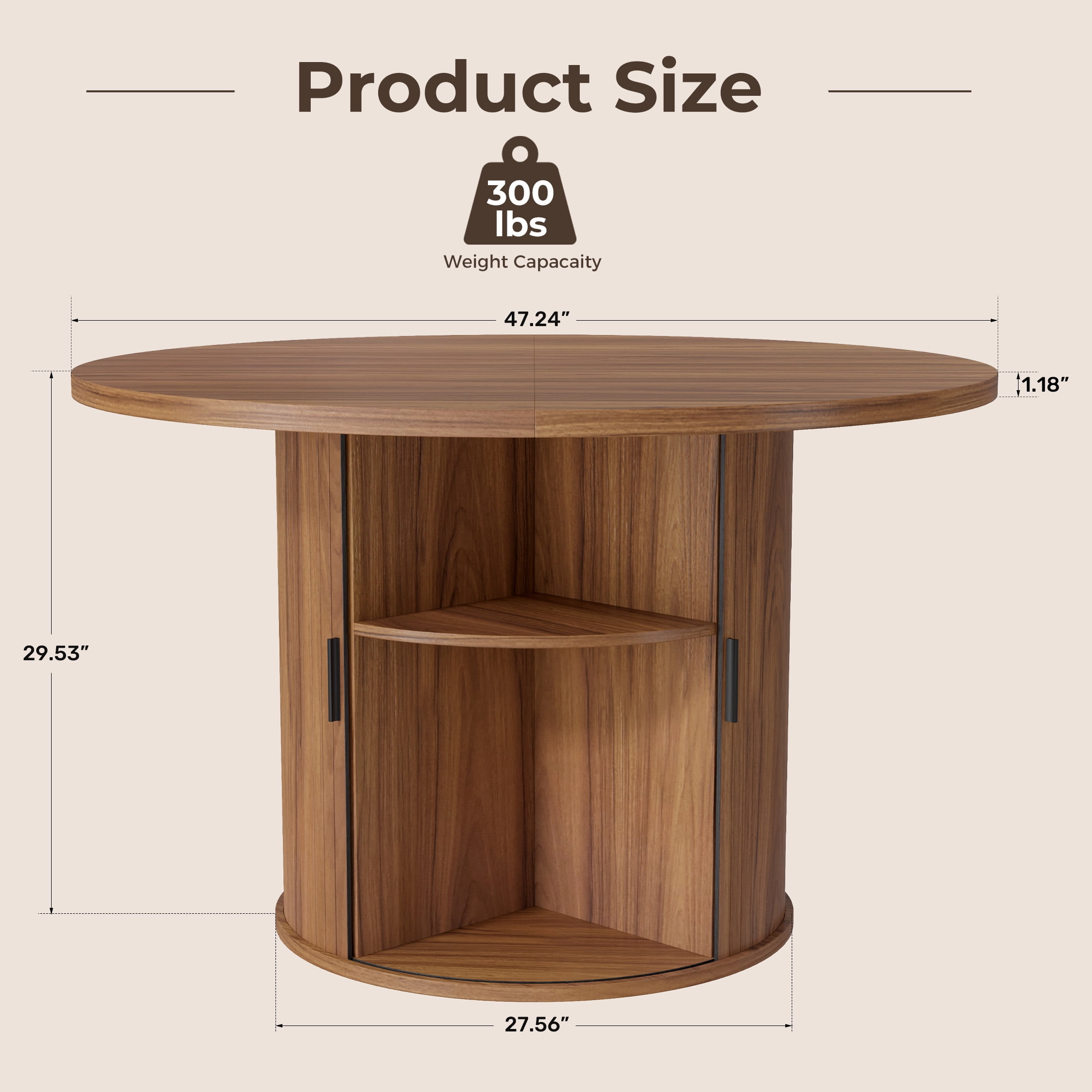 Hawsaiy 47" Round Dining Table for 4 with Sliding Door Storage Base, Waterproof Scratch-Resistant Wood Top, Modern Farmhouse Kitchen Dining Table, Walnut