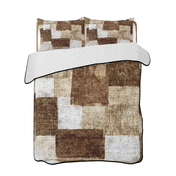 Brown Patchwork Quilts Bedding Set Queen Size Modern Abstract Dark Brown Patchwork Lightweight Quilted Bedspread 3 Piece Bed Quilt with 2 Pillow Shams All Season for Bedroom 78" x 90"