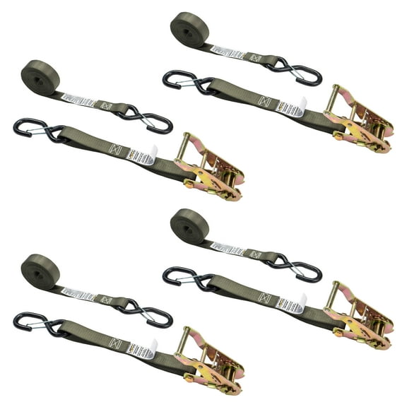 1" x 8' Ratchet Strap w/ Vinyl Coated S-Hooks and Keepers - 4 Pack