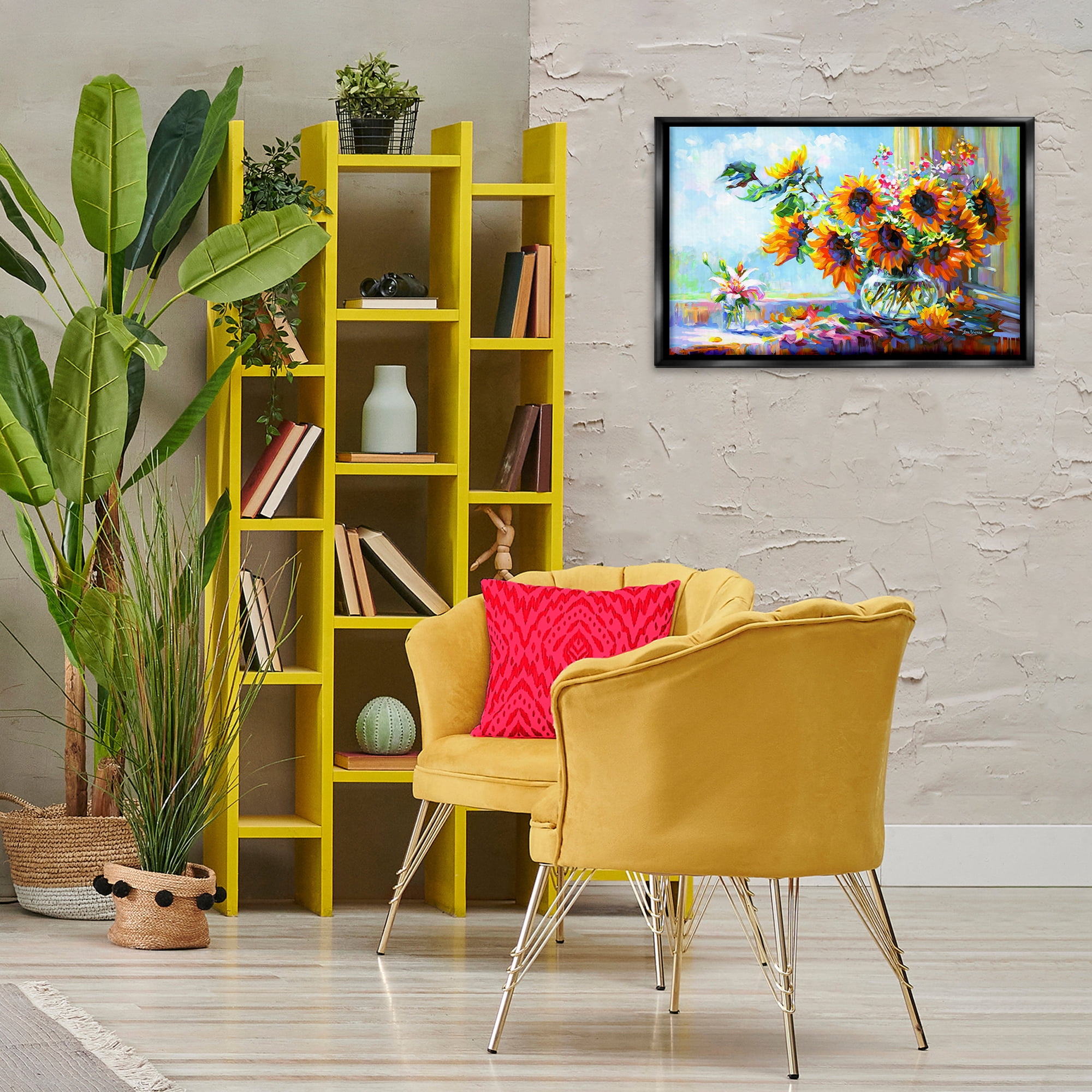 Stupell Industries Sunflowers Morning Glory Botanical & Floral Painting Black Floater Framed Art Print Wall Art, 25 x 17