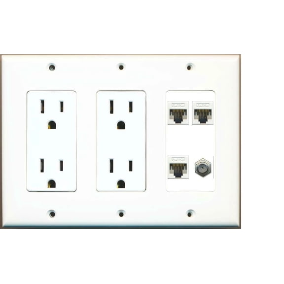 Ultra Spec Cables 2 15A Power Outlets 3 Cat5e and 1 Coax Wall Plate