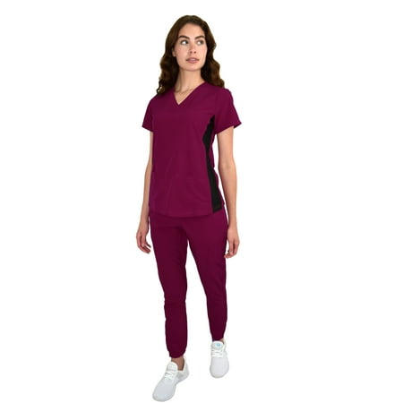 

Womens Stretch Knit Panel Top and Jogger Pant Scrub Set Medical Nursing GT 4FLEX-Wine/Berry-X-Large