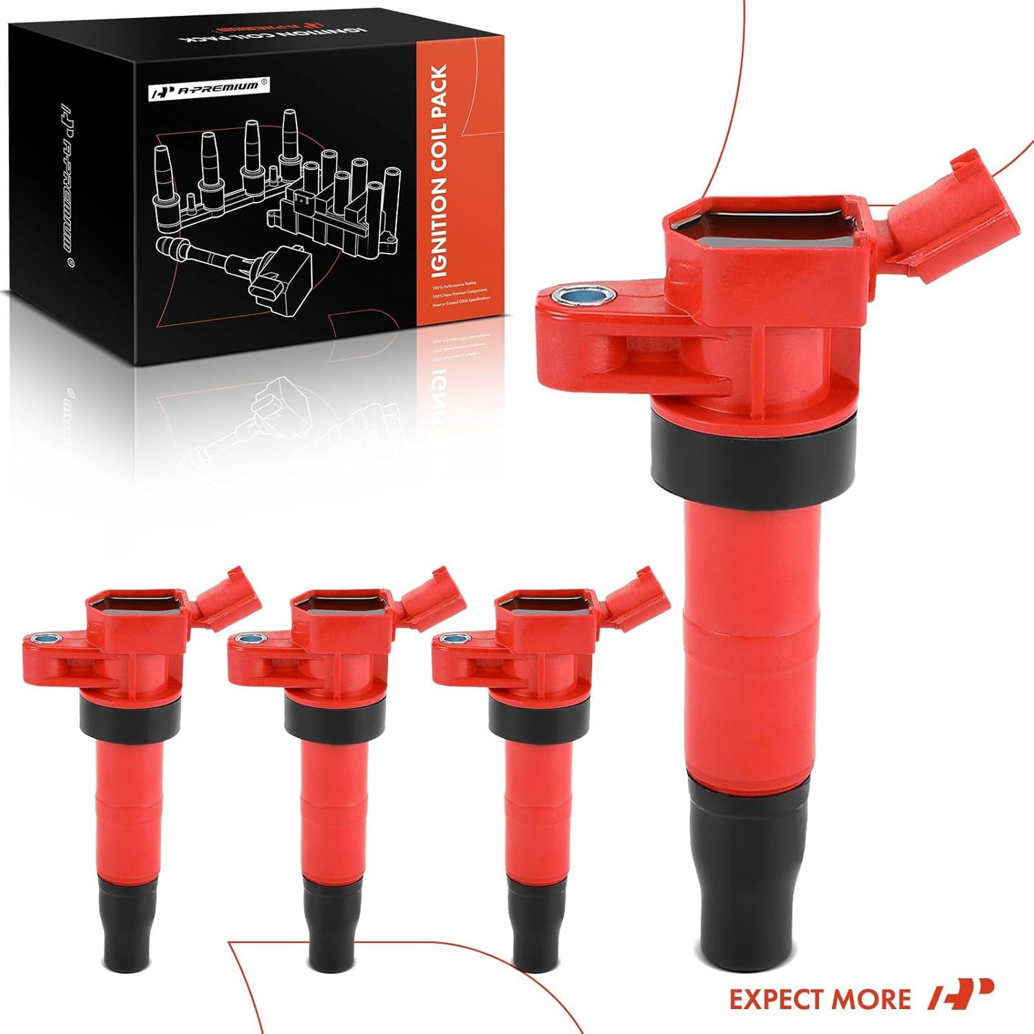 A-Premium (Red) Engine Ignition Coil Pack Compatible with Hyundai Sonata, Santa Fe Sport, Tucson, Genesis, Equus & Kia Optima, Sorento, Forte5, Forte Koup, Sportage, Borrego, K900, Rondo, 4-PC Set