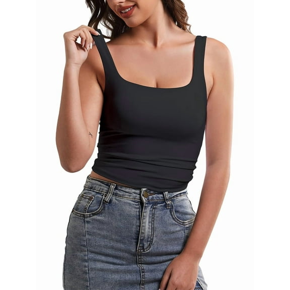 Women Double Lined Womens Tank Tops Y2K Going Out Crop Tops Slim Sleeveless Summer Square Neck Shirts Black S