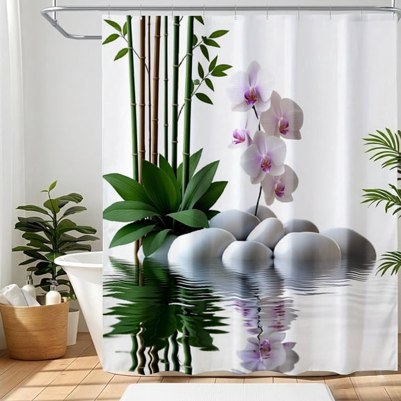 SPXUBZ 72x72 Inch Zen Stone Bamboo Shower Curtain Set with Hooks, Waterproof Washable Polyester Fabric Bath Curtains for Bathroom Decor