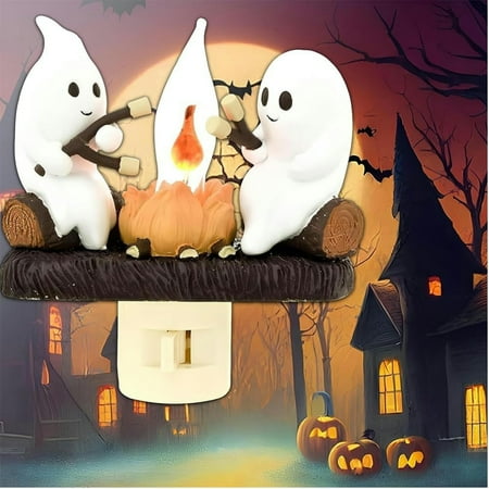 

2024 Ghost Campfire Flickering Nightlight Ghost Roasting At Campfire Nightlight Faux Campfire Night Light Plug into Wall Spooky Fire Marshmallow Night Light Halloween Gifts