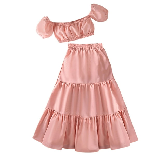 Gibobby faldas largas de mujer casuales niñas y niños pequeños, blusa de manga corta de burbuja, conjunto de falda sólida, 2 uds.(Rosa, 5-6 Años)