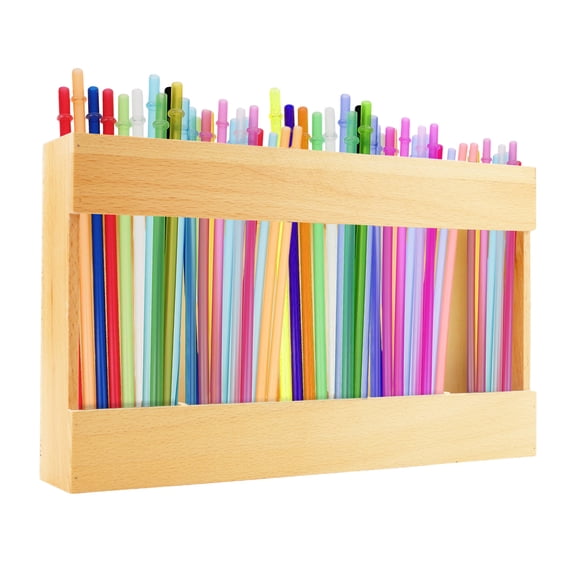 9.84"/25 CM Wooden Straw Organizer, Reusable Straw Dispenser Holder with Double Sided Adhesive Tape Space-Saving Kitchen Cabinet Door Countertop Cupboard Storage, Wood Color