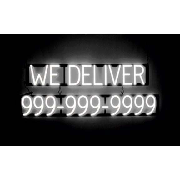 SpellBrite WE DELIVER 10 DIGIT PHONE NUMBER LED Sign for Business. 41.5" x 15.0" White WE DELIVER 10 DIGIT PHONE NUMBER Sign Has Neon Sign Look, LED Light Source. Visible from 500+ Feet, 8 Animations.