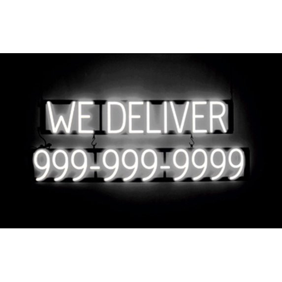 SpellBrite WE DELIVER 10 DIGIT PHONE NUMBER LED Sign for Business. 41.5" x 15.0" White WE DELIVER 10 DIGIT PHONE NUMBER Sign Has Neon Sign Look, LED Light Source. Visible from 500+ Feet, 8 Animations.