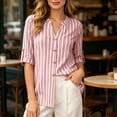 thumbnail image 2 of VBVC Women's Striped V-Neck Button Down Shirt , Ladies' Roll Up Sleeve Casual Blouse , Business Casual Work Tunic Top For Women,Hot Pink,S-2XL, 2 of 10