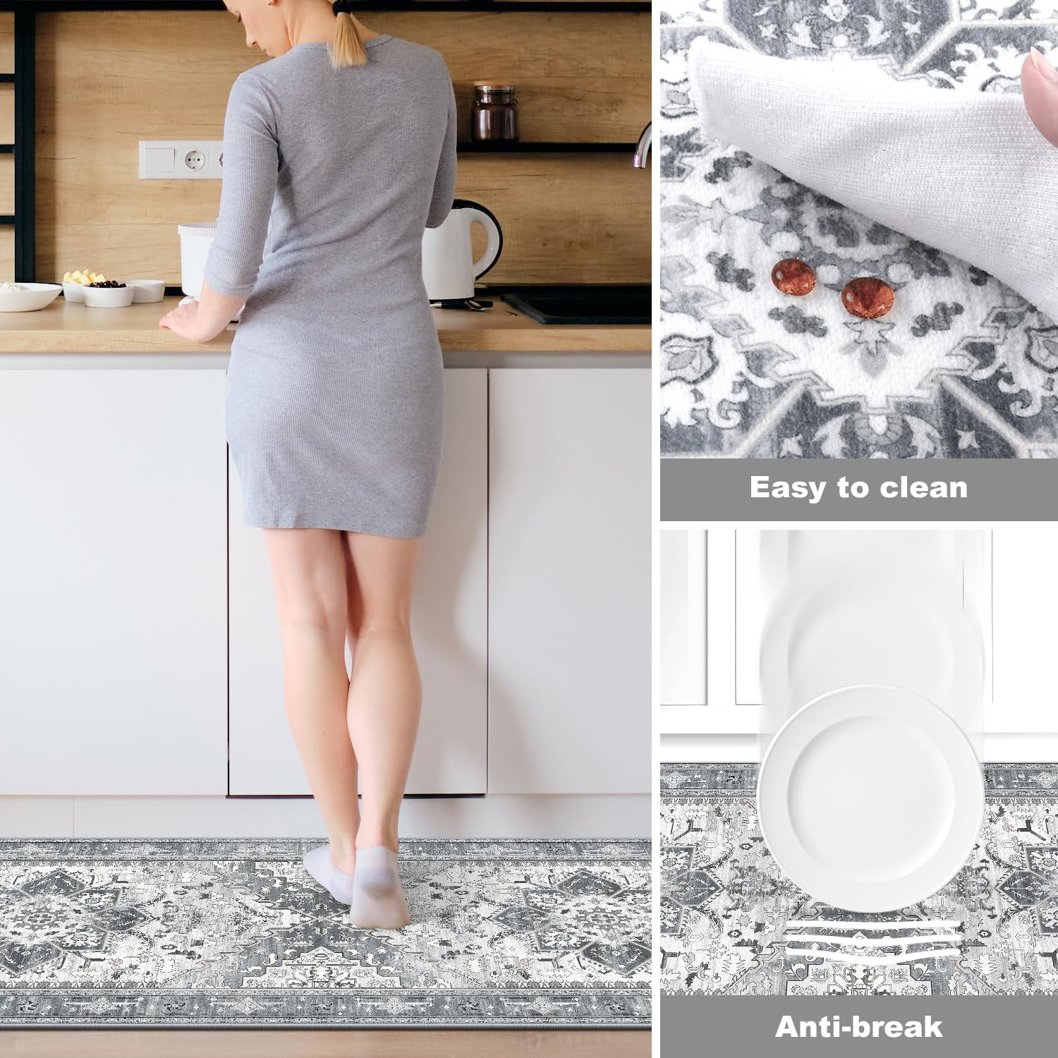 Boho Washable Kitchen Rugs Sets of 3, Non Slip Kitchen Mats for Floor with Rubber Backing, Waterproof & Stain Resistant Thick Carpet Runner Throw Rugs for Kitchen, Laundry Room, Hallway, Grey